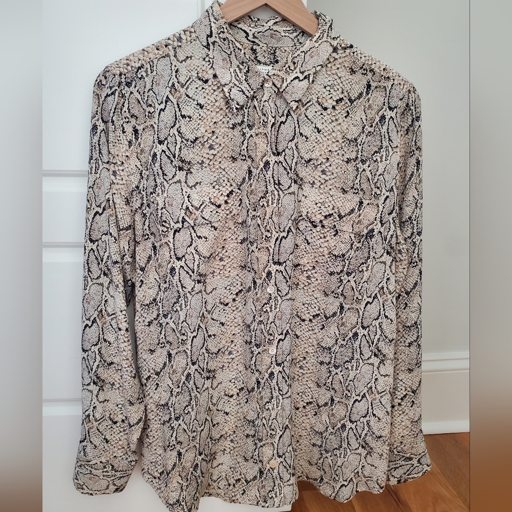 Equipment Beige Brown Silk Reptile Snake print button down blouse. Size L